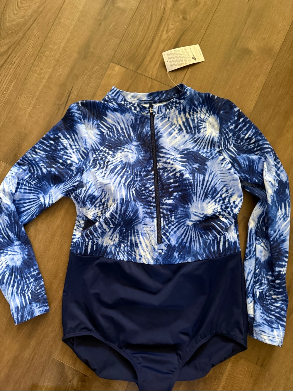 Blue Tie-Dye rash guard Long Sleeve Zip Front One-Piece Swimsuit